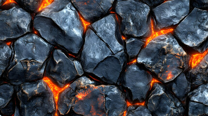 Abstract Seamless Texture of Black Rocks with Orange Lava Glowing Through Cracks High Contrast Volcanic Rock Background Rendered in Warm Lighting