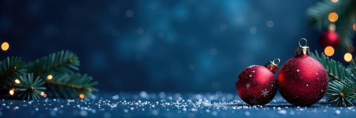 Dark blue backdrop, shimmering snowflakes, festive baubles , photography, design