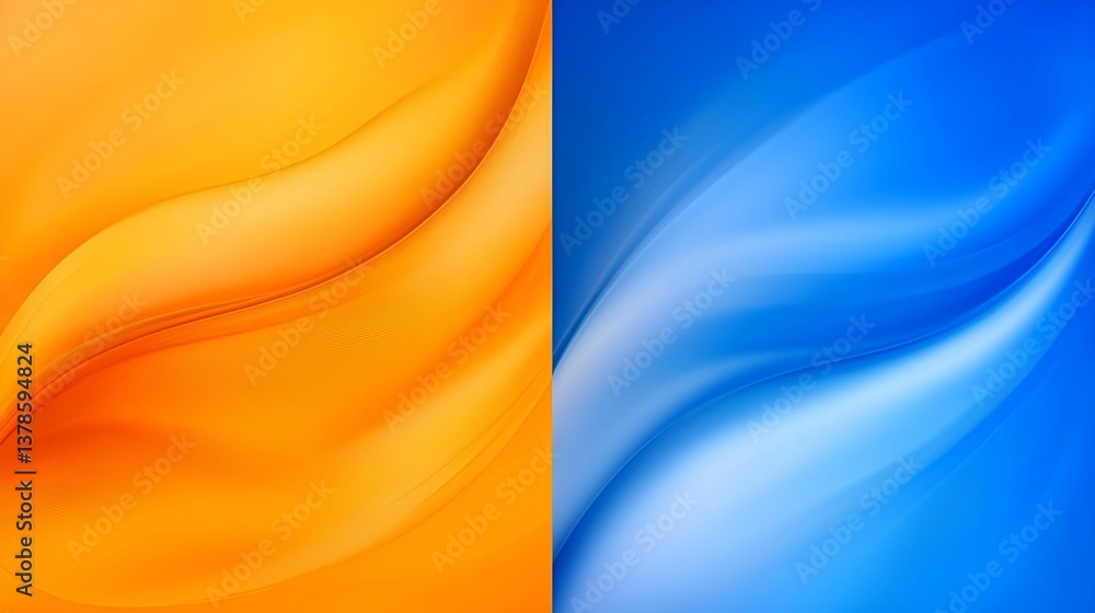 Poster an abstract image featuring smooth, flowing waves in vibrant orange on one side and calming blue on 