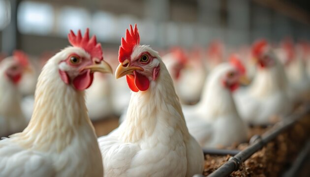 Close-up white hens with red comb in poultry farm. Domestic birds at commercial chicken farm. Egg production, poultry farming, animal industry. Livestock farming. Agriculture.