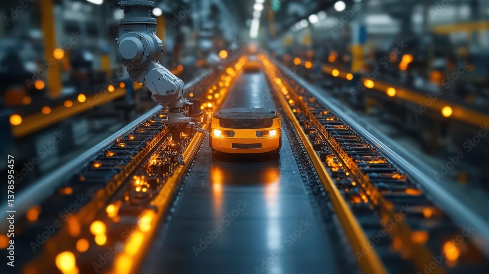 Poster automated vehicle on assembly line with robotic arm, futuristic manufacturing process