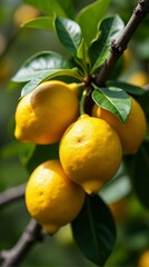 Cluster of Ripe Yellow Lemons Growing on a Branch with Green Leaves Citrus