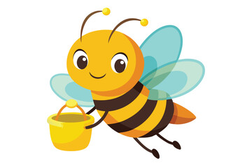 Fototapeta premium Cheerful Cartoon Bee Flying with Yellow Bucket on White Background Design