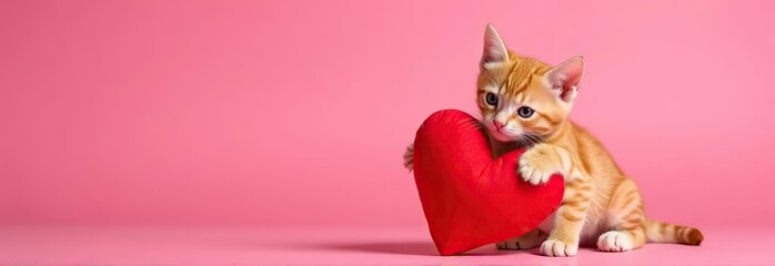 Ginger kitten hugging toy red heart. Cute cat on pink background. Valentine's Day love concept. Banner, advertisement, billboard for animal shelter, veterinary clinic