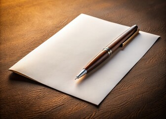 Leather desk, pen, and paper compose a minimalist still life. Elegant office aesthetic.