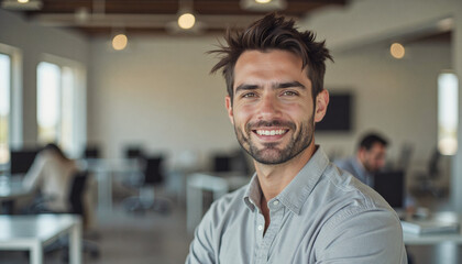 Fototapeta premium A portrait headshot photo of a friendly professional CEO executive business worker: A smiling man with a beard and short, styled hair confidently looks at the camera in a bright, modern office se