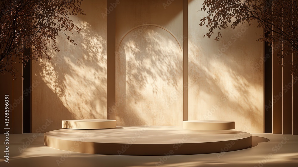Poster empty stage with beige tones and circular podiums, complemented by soft tree leaf shadows, creating 
