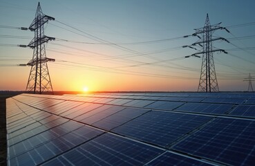 Sunrise over solar panels, high voltage pylons power lines. Renewable sustainable energy concept. Alternative tech for electricity production, storage. Ecological eco-friendly power plant. Clean