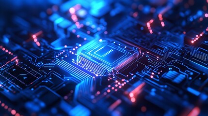 Futuristic Circuit Board Glowing Blue Red High Tech Digital Microchip Closeup
