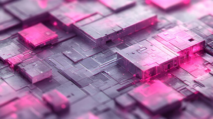 Abstract Technological Background with Gray and Pink Cubes and Intricate Geometric Patterns and Futuristic Design Showing Interconnected Network