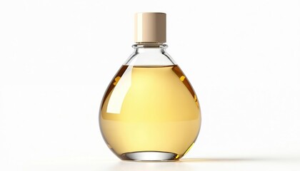 3D mockup of hair oil bottle. Glass container with golden liquid. Isolated on white background. Ideal design for cosmetic beauty products. Contains olive oil, vitamins, healthy hair.
