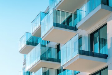 Obraz premium Glass balconies on modern apartment complex near the sea. AI generated illustration.