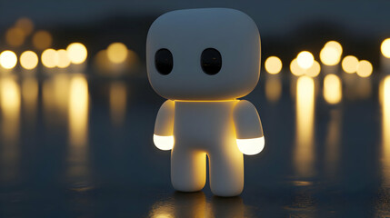 Abstract Toy Figure Glowing with Bokeh Lights Reflection in Cityscape at Night