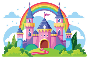 Fototapeta premium Colorful Cartoon Castle with Rainbow, Towers, Clouds, and Lush Greenery Landscape