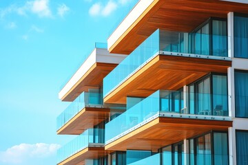 Obraz premium Glass balconies on modern apartment complex near the sea. AI generated illustration.