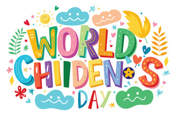 Colorful Illustrated World Childrens Day with Clouds, Hearts, Leaves on White