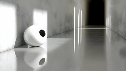 Abstract White Concrete Architecture With Geometric Sphere and Light and Shadow Reflecting on Glossy Floor in Modern Interior Design