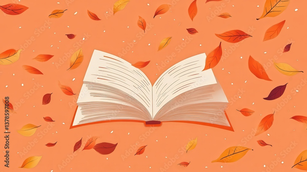 Fototapete orange banner stretches across an open book with autumn leaves falling around it, creating a warm an