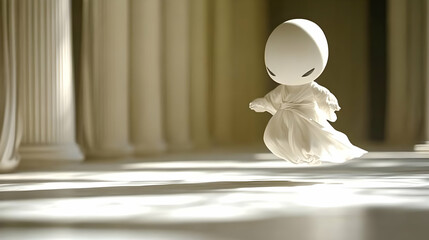 Abstract White Figure Floating in a Corridor with Classic Columns Architectural Design Interior with Clean Lines Soft Light