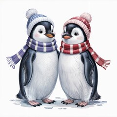 Fototapeta premium Cute Cartoon Penguins in Winter Clothes Cute Penguins with Scarves and Hats Winter Penguins in Love 