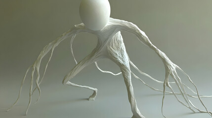 Abstract White Low Poly Figure with Geometric Pixelated Design and Surreal Form in a Light Gray Background