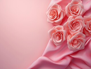 A beautiful arrangement of pink roses on soft satin fabric, perfect for romantic occasions or floral designs.