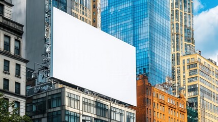 ultra-modern skyscraper with geometric lines and a pristine white billboard creating a perfect advertising space.