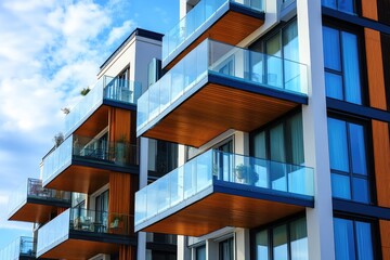 Glass balconies on modern apartment complex near the sea. AI generated illustration.