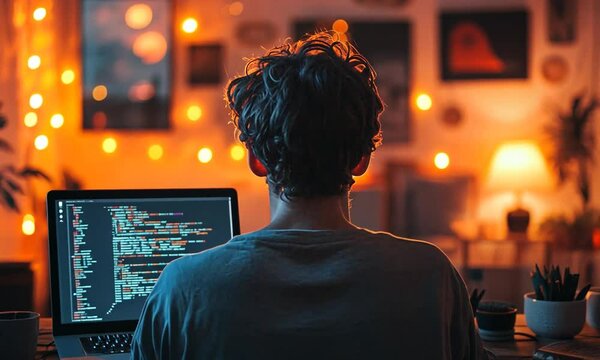 Individual programming on a laptop at night, surrounded by warm lights and cozy decor