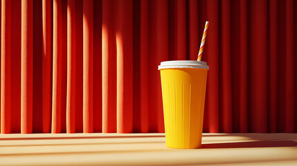 Abstract Yellow Plastic Cup with Straw Against a Red Striped Wall in Direct Sunlight Creating Strong Shadows and Highlights