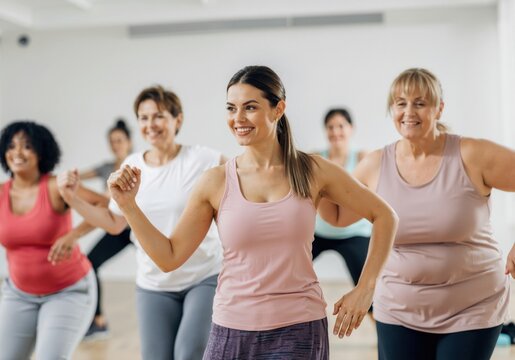 Diverse group of women of different ages and body types smiling and enjoying a fitness class, promoting health, wellness, and body positivity