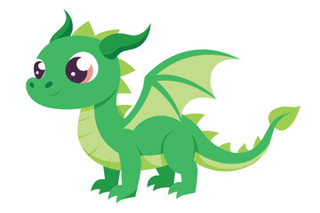 Fototapeta premium Cute Green Dragon Cartoon with Horns and Wings on White Background