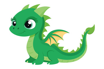 Obraz premium Cute Green Dragon Cartoon with Wings Isolated on White Background