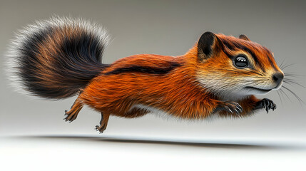 Active Orange Squirrel Leaping Forward with Fluffy Tail in Studio Setting