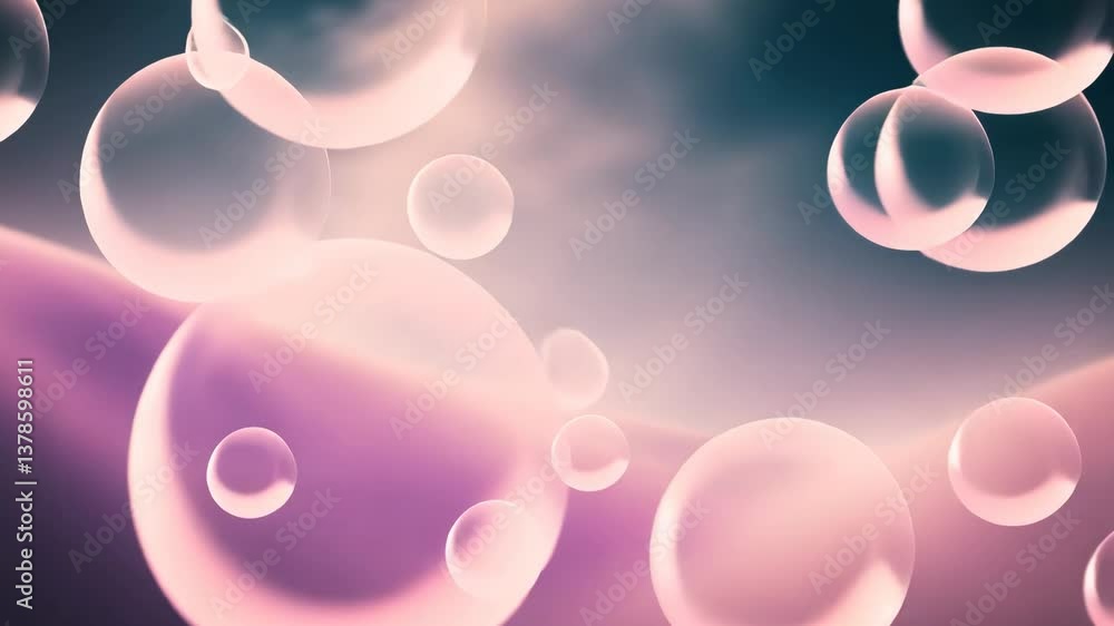Poster A bunch of pink bubbles are floating in the air. There are many of them, and they are all different sizes