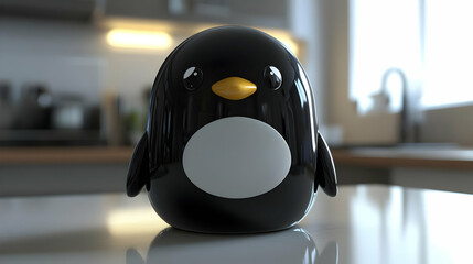 Adorable Black and White Penguin Toy on a Counter in a Domestic Kitchen with Soft Lighting and Blurred Background