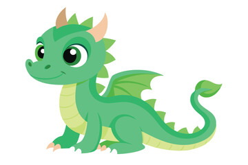 Cute Green Dragon Sitting with Wings, Horns and Tail on Transparent Background