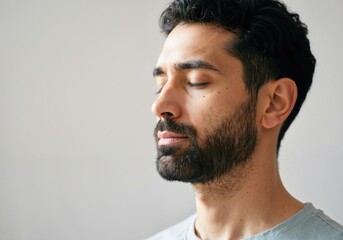 Obraz premium Young man finding inner peace, closing his eyes and taking a deep breath, promoting mindfulness and stress relief