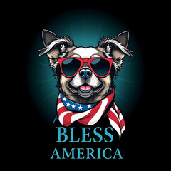  A cheerful Labrador Retriever with refined features, wearing red sunglasses and an American flag scarf, 14th for july celebration. Below, the phrase "BLESS AMERICA". Created with generative AI.