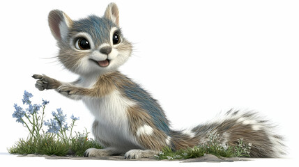 Adorable Blue and Brown Squirrel Surrounded by Blue Flowers Isolated on White Background