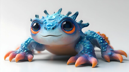 Adorable Blue and Orange Fantasy Creature with Big Eyes Detailed Portrait on White Background A Playful Imaginary Animal with Spikes and Spots