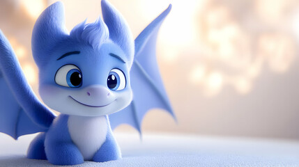 Adorable Blue Dragon Cartoon Character with Big Eyes and Wings in a Warm Softly Lit Setting Perfect for Children's Illustration