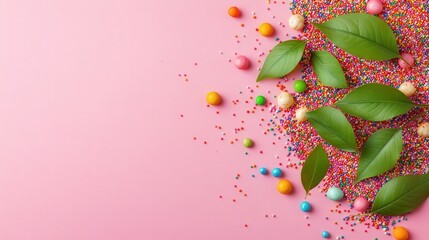 Bright candy leaves with colorful sprinkles pop against a pastel pink canvas, creating a delightful design for confectionery advertising.