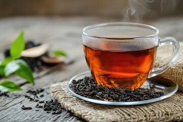 Glass cup of black tea with dry tea bags and scattered tea leaves on wooden background. AI generated illustration.