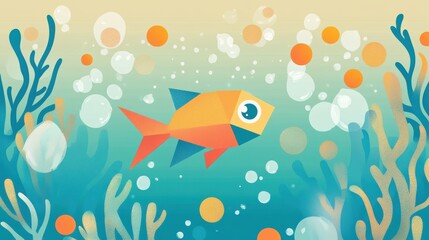 Naklejka premium Colorful digital fish swimming in a whimsical underwater world with vibrant bubbles.