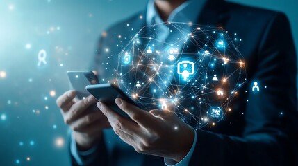 Man with Smart Phone Displaying Global Network Sphere with Glowing Icons