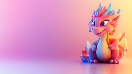 Adorable Cartoon Dragon with Scales and Wings in a Playful Stance Against a Gradient Pink and Orange Background