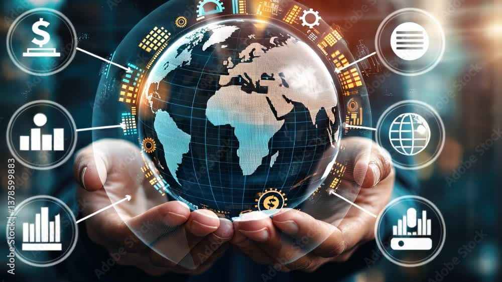 Poster hands holding digital globe representing global finance and technology connectivity with floating cu