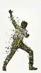 Obraz premium Abstract Green And White Particle Person In Dynamic Pose