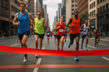 Marathon Finish Line: Urban Runners Crossing the Red Ribbon